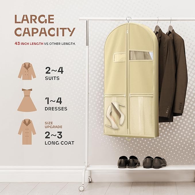 43" Travel Garment Bag with Accessories Zipper Pocket, Heavy Duty Suit Bag for Suits, Tuxedos, Dresses, Coats, Beige, 1 pack