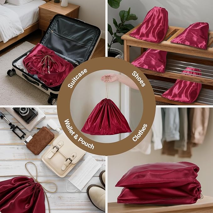 Ewen 7 Pack 19.6x15.7in Satin Drawstring Shoe Bags with Blank Tags, Dust Bags for Handbags Travel Essentials Storage, Dustproof Packing Bag Clothes Organizer for Closet and Home Organization, Wine Red