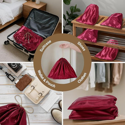 Ewen 7 Pack 19.6x15.7in Satin Drawstring Shoe Bags with Blank Tags, Dust Bags for Handbags Travel Essentials Storage, Dustproof Packing Bag Clothes Organizer for Closet and Home Organization, Wine Red