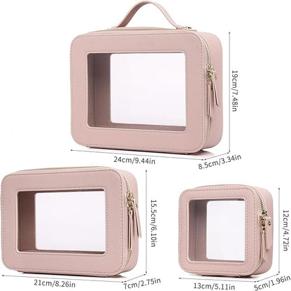 Pinkmik Clear Makeup Bag Waterproof Travel Case for Cosmetics and Toiletries Women's Purse Organizer and Clear Car Bag with Zipper (Pink, L+M+MINI)