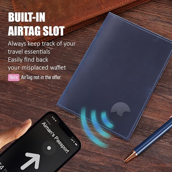 STAR VISTA Albatross Leather Travel Passport Holder, Minimalist Design, Full Grain Leather Case for Women and Men - Slim Passport Wallet, Bifold, RFID Blocking, with AirTag Holder, Navy Blue