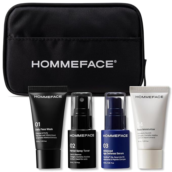 HOMMEFACE Men's First Class Skincare Essentials Travel Kit with Toiletry Bag, 4 Pieces - TSA Approved with Daily Face Wash, Spray Toner, Serum & Moisturizer