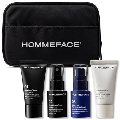 HOMMEFACE Men's First Class Skincare Essentials Travel Kit with Toiletry Bag, 4 Pieces - TSA Approved with Daily Face Wash, Spray Toner, Serum & Moisturizer