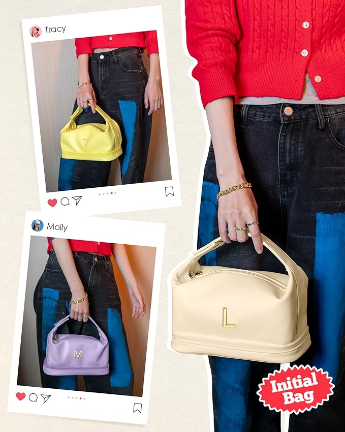 Gifts for Women, Initial Makeup Bag, Waterproof Double Layer Cosmetic Bag, Large Capacity PU Leather Makeup Bags Letter Travel Toiletry Bag with Makeup Brush Organizer