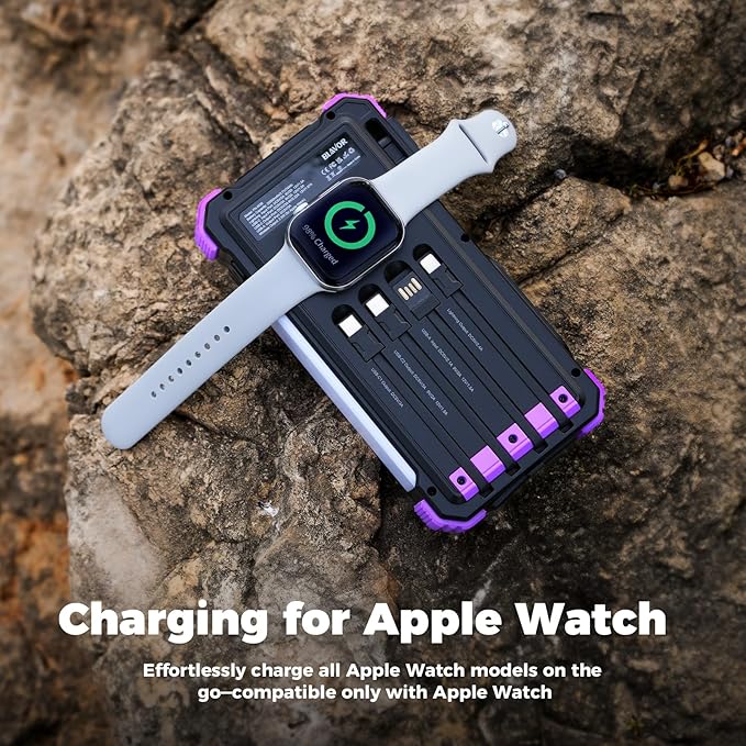 BLAVOR Solar Power Bank 20000mAh Built-in Cables, Wireless Charger for Apple Watch, 20W Fast Charging Battery Pack with USB C, Flashlight, Solar Charger for iPhone, iPad, iWatch, Samsung