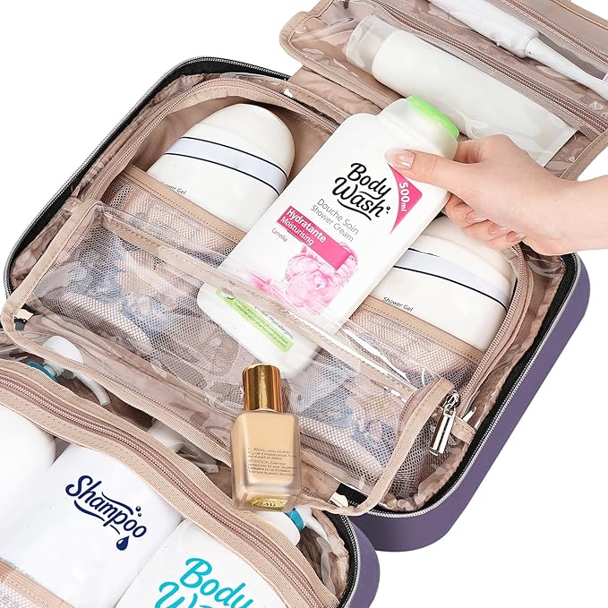NISHEL Travel Toiletry Bag for women, Portable Hanging Organizer for Family-Sized Shampoo, Conditioner, Brushes Set, Makeup Accessories, Extra Large Size, Purple