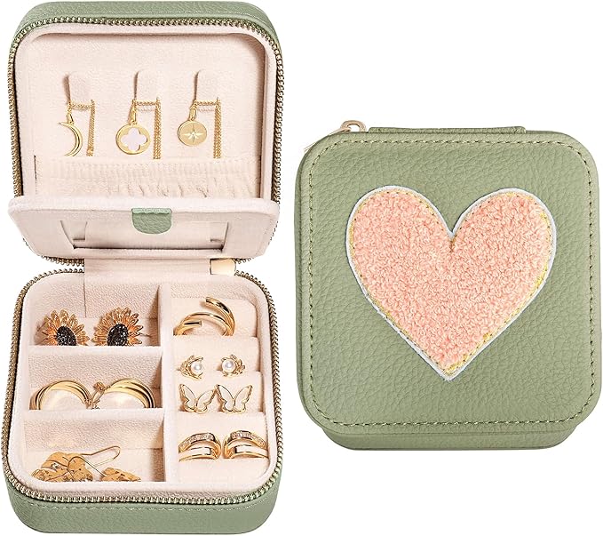 S.Leaf Travel Jewelry Organizer Boxes for Women Small Portable Necklace Earrings Bracelet Rings Travel Case Best Friend Birthday Gifts for Women Trendy (03_Lychee_Heart)