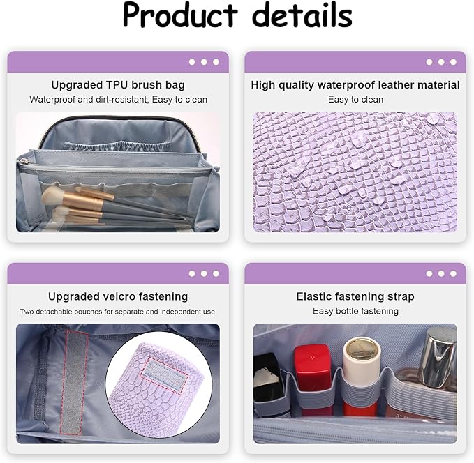 BOYATU Travel Makeup Bags for Women: 3 Pcs Set Wide Open Cosmetic Bag - Portable Make up Bags with Handle - Vegan Leather Toiletry Organizer Bag with Divider (G-01-Purple)