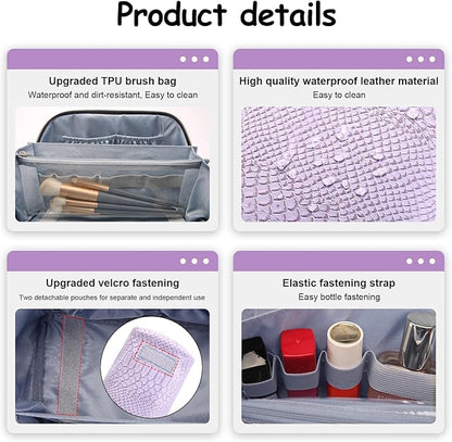 BOYATU Travel Makeup Bags for Women: 3 Pcs Set Wide Open Cosmetic Bag - Portable Make up Bags with Handle - Vegan Leather Toiletry Organizer Bag with Divider (G-01-Purple)