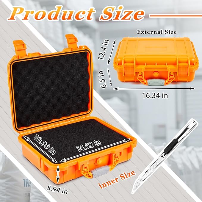 1 Pcs 16.3 x 12.4 x 6.5 Inch Waterproof Hard Case with DIY Customizable Foam Insert Portable Protective Case with Knife for Camera Drones Equipments Tools Test Instruments (Orange)