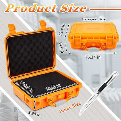 1 Pcs 16.3 x 12.4 x 6.5 Inch Waterproof Hard Case with DIY Customizable Foam Insert Portable Protective Case with Knife for Camera Drones Equipments Tools Test Instruments (Orange)