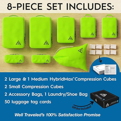 8-Piece Luxury Compression Packing Cubes & Bags for Travel – Maximize Space in Luggage with HybridMax Double-Capacity Design, 50 Luggage Tags, Deluxe Set, Lifetime Satisfaction Suitcase Organizer Bags