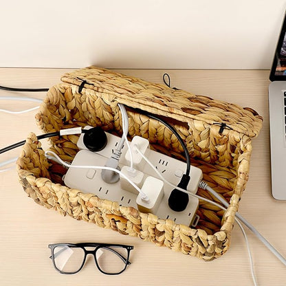 BTSKY Woven Cable Management Box with Lid, Water Hyacinth Cord Organizer for Desk, Cable Organizer Box with 2-Open Slots to Hide Power Strips USB Hubs for Home & Office, Pet Proofing Cord Basket, L
