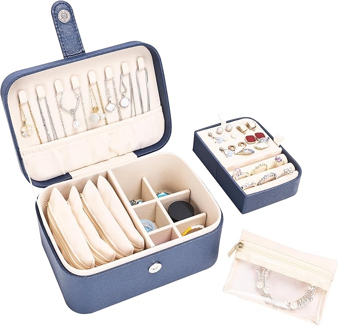2 Layer Portable Jewelry Box, Large Jewelry Travel Case with 4 Velvet Jewelry Pouches, Medium Size Jewelry Organizer Box for Earrings, Necklaces, Bracelets (dark blue)