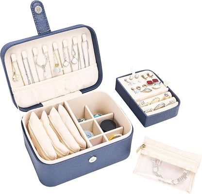 2 Layer Portable Jewelry Box, Large Jewelry Travel Case with 4 Velvet Jewelry Pouches, Medium Size Jewelry Organizer Box for Earrings, Necklaces, Bracelets (dark blue)