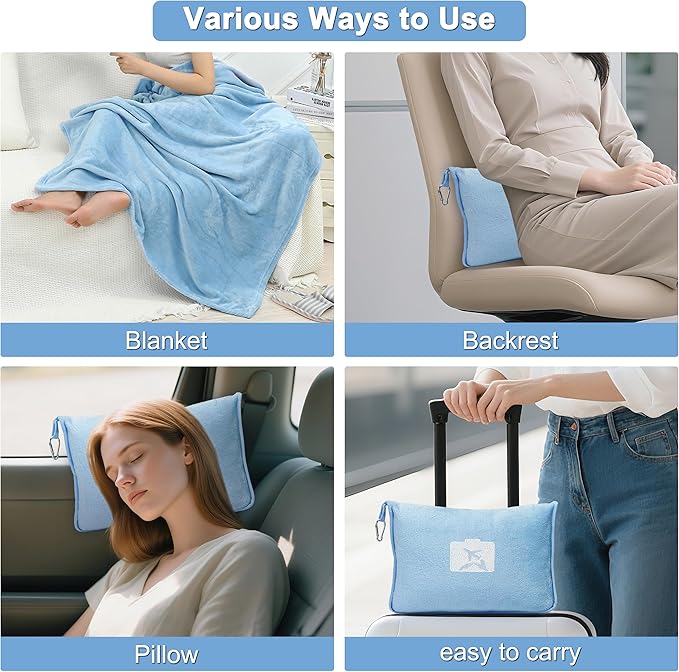 2-in-1 Convertible Travel Blanket & Pillow-Ultra Soft, Compact & Packable with Hand Luggage Sleeve and Backpack Clip for Flight & Car,Light Blue