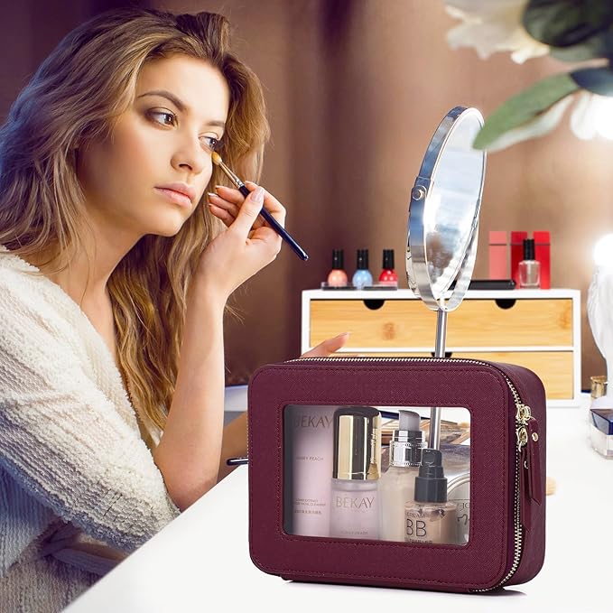 Pinkmik Clear Makeup Bag Waterproof Travel Case for Cosmetics and Toiletries Women's Purse Organizer and Clear Car Bag with Zipper (X/Burgundy, M+MINI)