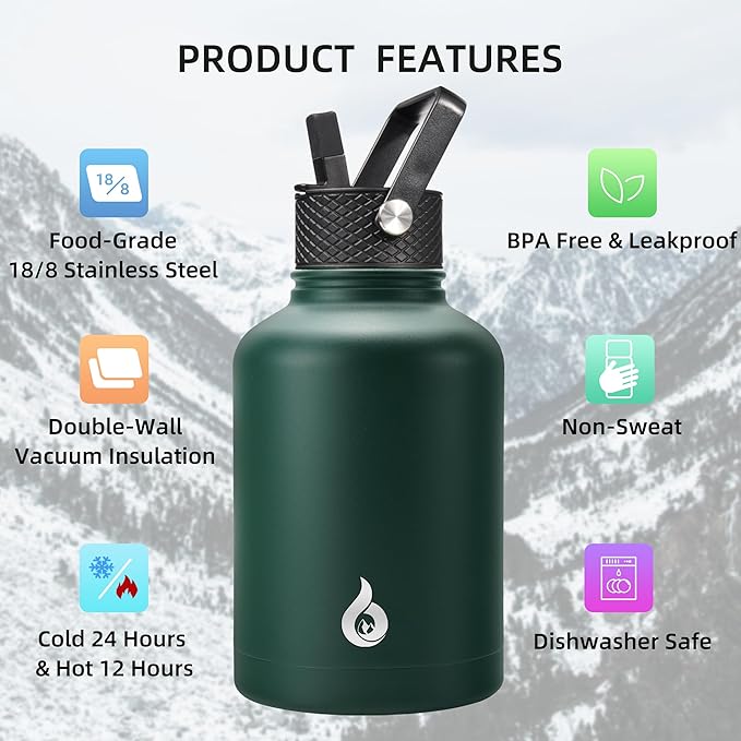 BJPKPK Insulated Water Bottles with Straw Lid, 50oz Large Water Jug, Stainless Steel Vacuum Bottles, Hot & Cold Thermo with 3 Lids and Paracord Handle,Army Green
