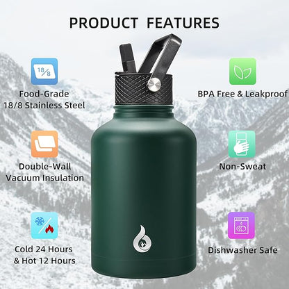 BJPKPK Insulated Water Bottles with Straw Lid, 50oz Large Water Jug, Stainless Steel Vacuum Bottles, Hot & Cold Thermo with 3 Lids and Paracord Handle,Army Green