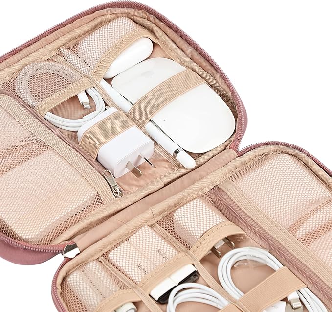 NISHEL Travel Cord Organizer Case, Tech Electronic Bag, Essentials for Charger, Cable, Phone, Hard Drive, USB, SD Card, Rosewood-Pink