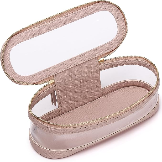 Pinkmik Makeup Brush Case Clear Travel Cosmetic & Toiletry Bag Slim Makeup Bag with Zipper Small Purse Organizer Car Essential Bag for Women (Pink, SLIM-2)