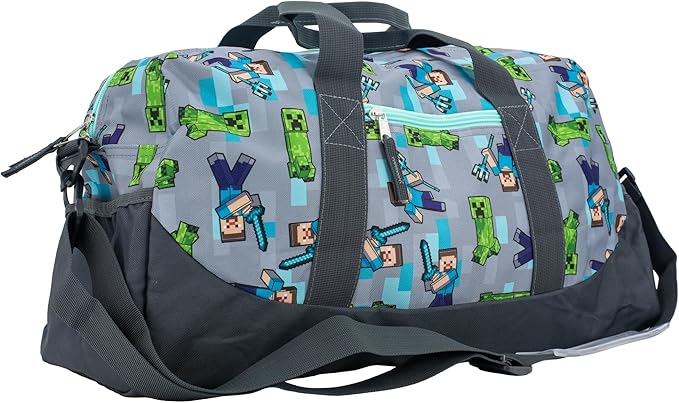 Minecraft Duffle Bag, 16 inch Travel Sleepover Weekender Bag for Girls & Boys, Green/Gray