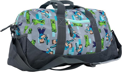 Minecraft Duffle Bag, 16 inch Travel Sleepover Weekender Bag for Girls & Boys, Green/Gray