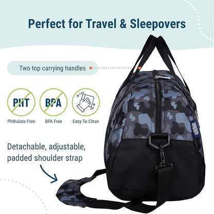 Wildkin Kids Overnighter Duffel Bag – Carry-On Size, Ideal for School & Sleepovers – Black Camo