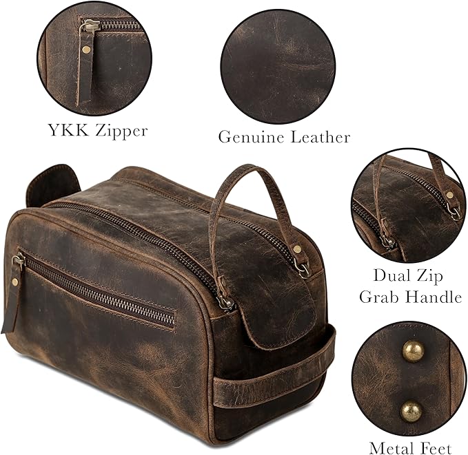 KomalC Leather Toiletry Bag For Men & Women, Handcrafted Buffalo Leather Travel Kit, Water-Resistant Shaving Bag For Men Travel, Premium Rustic Toiletry Pouch with Zipper Closure