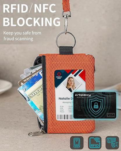 Minimalist Wallet For Mens Womens, Keychain RFID Blocking Zipper Small Wallet with ID Window 2 Lanyards,Water Resistant Travel Cash Card Coin Case Boys Girls