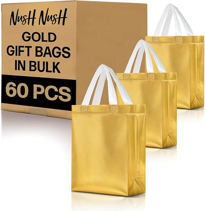Nush Nush Set of 60 Gold Gift Bags Bulk – Medium Size Reusable Gold Gift Bags With Handles - Perfect Party Favor Bag for Christmas, Wedding, Bachelorette Party Favors and Goodies – 8W x 4D x 10H