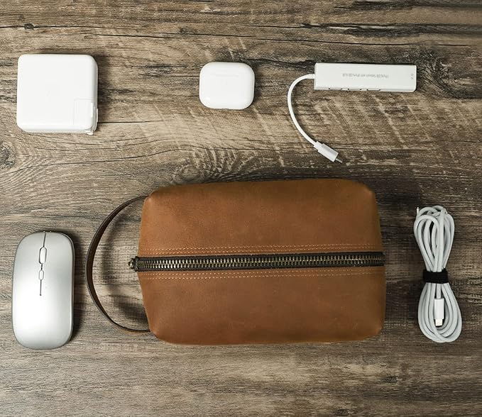Electronic Organizer Zipper Bag, Top Grain Leather, Handmade Vintage Design, Portable Travel Electronic Accessories Storage Cases for Phone, USB Cables, Chargers, Hard Drive, Daily Cosmetics