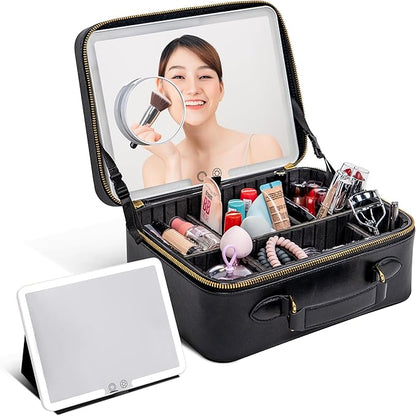 BAREZ Premium PU Leather Makeup Bag With LED Mirror - 3 Brightness Mirror Light Settings - Adjustable Dividers - Removable Mirror Waterproof Cosmetic Travel Bag - A Luxury Gift for Her (Black)