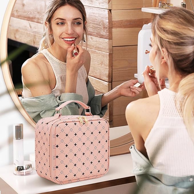 Travel Makeup Bag With 360° rotating LED Mirror,Waterproof cosmetic organizer,Portability Cosmetic case,Makeup organizer,Gift for Women,Girls Gift (Pink)