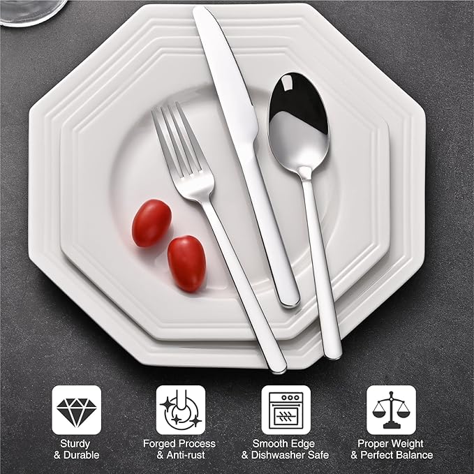 KINGSTONE Forged 30-Piece Silverware Set, 18/10 Stainless Steel Flatware Cutlery Set for 6, Mirror Finish Utensils Set,Dishwasher Safe (Silver)