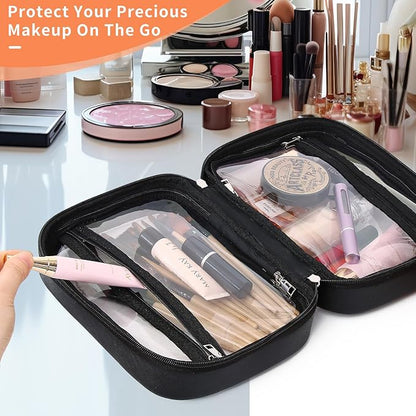 Pinkmik Travel Makeup Bag Set Portable Clear Cosmetic & Toiletry Case Women's Purse Organizer and Car Essentials with Zipper (Black, M+SLIM-2)