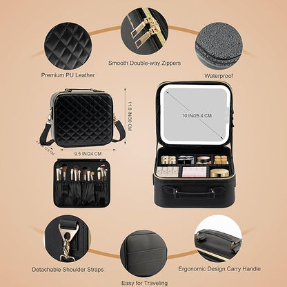 SJD Travel Makeup Bag with LED Mirror, Portable Cosmetic Case Organizer with Lighted Mirror, Waterproof Makeup Case for Cosmetic Brush Holder Storage, Black Toiletry Bag for Women Gift