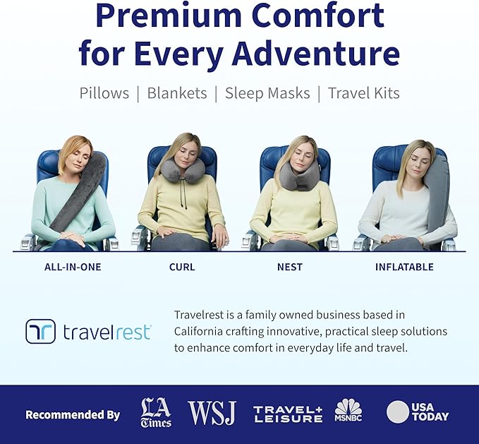 TRAVELREST Nest Neck Pillow Travel Essentials - Memory Foam Pillow and Patented Design, Support for Long Flights, Travel Accessories, Comfortable and Compact, Washable, Attaches to Luggage - Gray