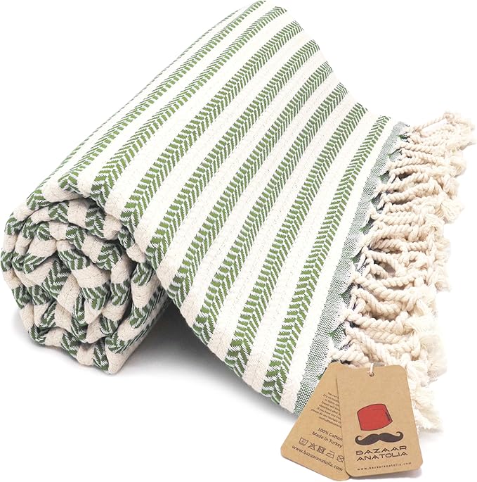 Bazaar Anatolia Turkish Beach Towel – 100% Cotton, Quick Dry, Sand Free Striped Towel for Bathroom and Travel, Sage Olive Color – Oversized 71x39 Inches – Arpa Green
