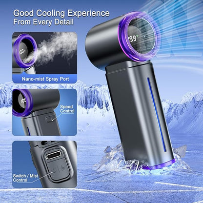 Portable Misting Fan - Mini Handheld Fan - 5000mAh Rechargeable Personal Mister Fans with Digital Display, 1-199 Speeds Adjustable, Birthday Gifts for Women Men Travel/Outdoor/Home/Office (Grey)