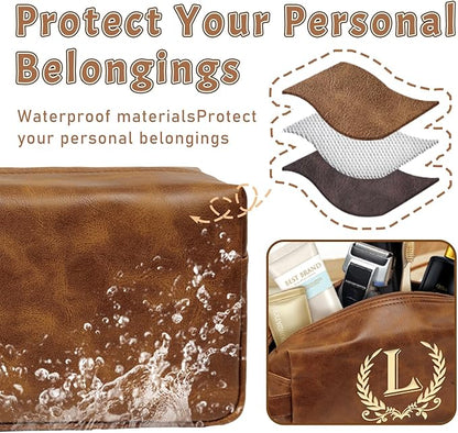 Personalized Toiletry Bag for Men Engraved Initial Leather Kit, Waterproof Travel Essentials Bag (L)