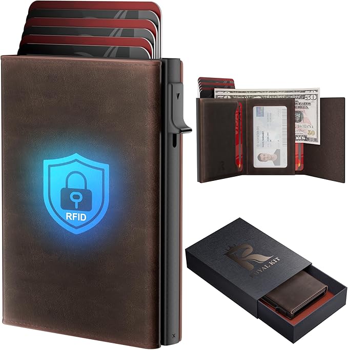 Wallet for Men Card Holder: Pop Up Card Case, RFID Blocking, Premium Genuine Leather, Slim, Minimalist, Front Pocket - 14 Card Capacity | ID Window | Cash Slot (Brown)