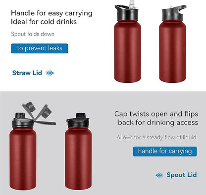 VEGOND 32 oz Insulated Water Bottle Stainless Steel Metal Water Bottles with Leak Proof Straw Lid & Spout Lid, Wide Mouth Double Walled Vacuum Travel Sports Bottle, Red