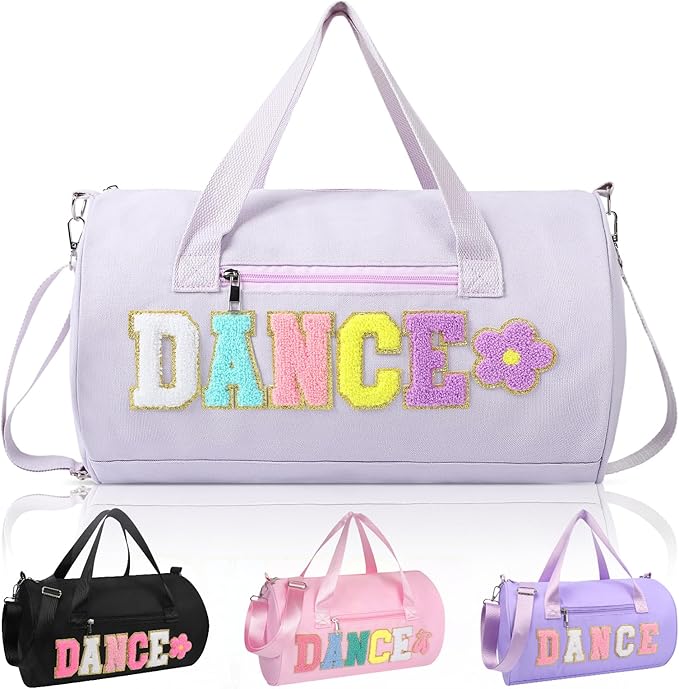 Dance Bag for Girls, KUIRAN 23L Travel Duffel Bag with Colorful Chenille Letter, Lightweight Small Gym Sport Ballet Weekender Bag with Large Main Compartment - Purple/Flower