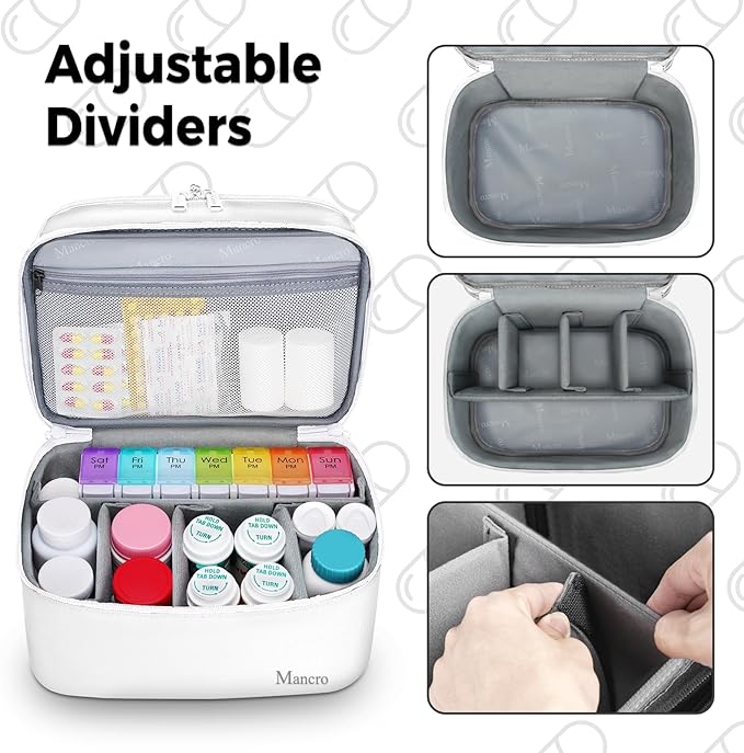 Mancro Dual Layers Medicine Organizer Bag, Pill Bottle Organizer Storage with Lockable Zipper, Medication Travel Bag for Pills, Vitamins, Medical Supplies for Home Storage, Travel, White
