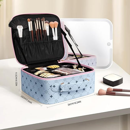 Travel Makeup Bag With 360° rotating LED Mirror,Waterproof cosmetic organizer,Portability Cosmetic case,Makeup organizer,Gift for Women,Girls Gift (Blue+Pink)