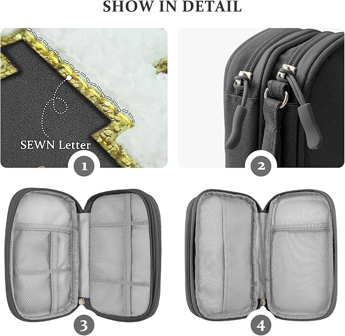 COSHAYSOO Small TECH Pouch Electronics Organizer Travel Bag Chenille Letter Case Personalized Women Graduation Gift for Her, Cord Charger Cable Traveling Accessory Airplane Cruise Essentials Black