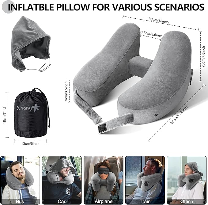 Sunany Neck Pillow for Travel Inflatable Airplane Pillow Comfortably Supports Head,Neck and Chin,Inflatable Travel Pillow with Soft Velour Cover,Hat,Portable Drawstring Bag (Grey)