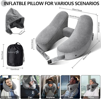 Sunany Neck Pillow for Travel Inflatable Airplane Pillow Comfortably Supports Head,Neck and Chin,Inflatable Travel Pillow with Soft Velour Cover,Hat,Portable Drawstring Bag (Grey)