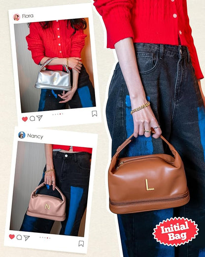 College Girl Gift Ideas, Personalized Makeup Bag with Handle, Initial Double Layer Cosmetic Bag with Makeup Brush Organizer, Cute Cosmetic Pouch for Women, Gift Ideas for Co Workers